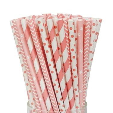 Imagem de FsLvniu 200 canudos de papel biodegradáveis rosa, canudos descartáveis listrados rosa para suco, coquetel, suprimentos de festa, aniversário, chá de bebê, decorações de Natal faça você mesmo,