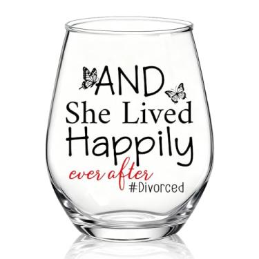 Imagem de XQLZY And She Lived Happily Ever After Taça de vinho sem haste, presentes engraçados de taça de vinho divorciados para mulheres recém-divorciadas, mãe tia, presentes de Natal e aniversário de ação de