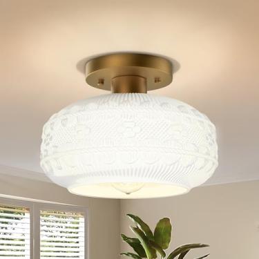 Imagem de APOTO Luminária de teto de montagem semiembutida dourada, luminária de teto de vidro globo para corredor com vidro de leite, luz de cozinha vintage, luz de fazenda para banheiro de entrada, lâmpada