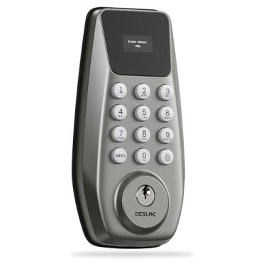 Imagem de DESLOC Fechadura de porta de entrada sem chave C100 com tela, fechadura de teclado com tela, trava automática, 100 códigos PIN, modo de passagem, IP54 à prova d'água, bateria de 12 meses, níquel BHMA