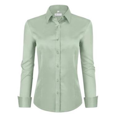 Imagem de Camisa social siliteelon para mulheres de manga comprida verde-ervilha