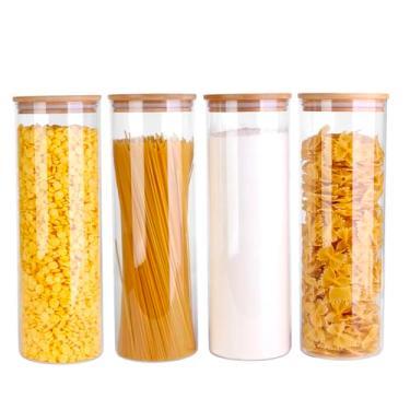 Imagem de PUSCRIENO Potes De Vidro Para Alimentos Com Tampas, Recipientes De Armazenamento De Vidro De 77 Onças Com Tampas Herméticas De Bambu, Conjunto De 4 Recipientes De Vidro Redondos, Organizadores De De