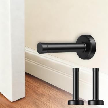 Imagem de 2 peças de batente de porta longo preto autoadesivo para portas de piso de aço inoxidável batente de porta preto escovado sem broca Rolhas de portas com ponta acolchoada de borracha para sala de estar