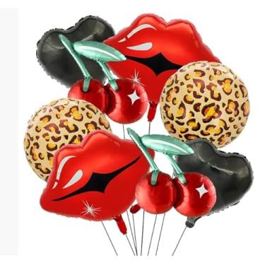 Imagem de Conjunto de balões pretos e vermelhos de 8 peças com estampa de cereja, laço vermelho, padrão de chita e balões em forma de coração, perfeito para decorar festas de aniversário femininas ou chás de