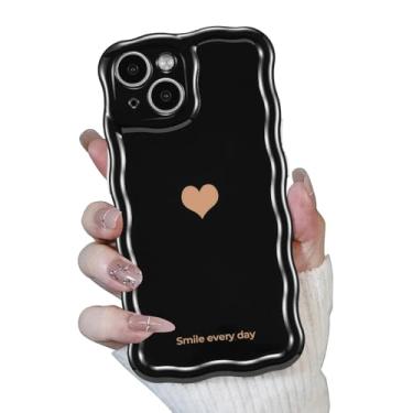 Imagem de QLTYPRI Capa para iPhone 14 Plus/15 Plus, linda moldura ondulada encaracolada, design de coração, capa de telefone de luxo para mulheres e meninas, proteção total da lente da câmera, capa de silicone