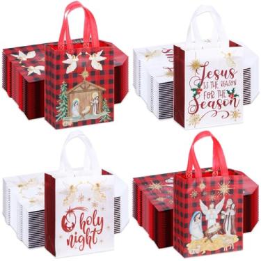 Imagem de Wesnoy 48 peças de sacos de presente de Natal reutilizáveis, não tecidos, lembrancinhas de festa cristãs, xadrez, búfalo, doces, guloseimas, sacolas com alças para presente religioso de Natal, artigos