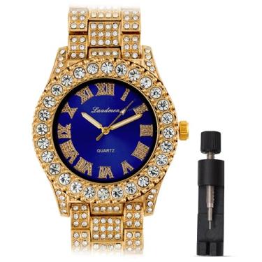 Imagem de ICEDTAG Conjunto de relógio e pulseira com algarismos romanos luxuosos com pedras grandes, mostrador colorido, Ouro - Mostrador azul, Regular, Decoração de festa chá de bebê dia dos namorados