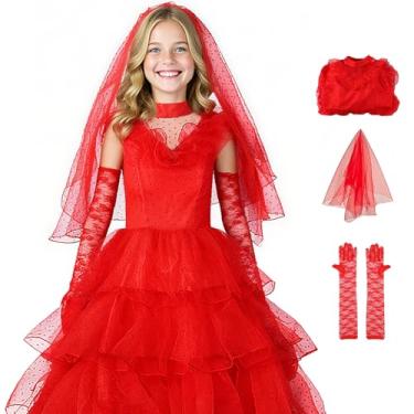 Imagem de PTLYE Vestido de noiva vermelho gótico de Halloween, saia de tule, vintage, gótico, cosplay, festa, roupas com luvas de véu, Vermelho, Adult L