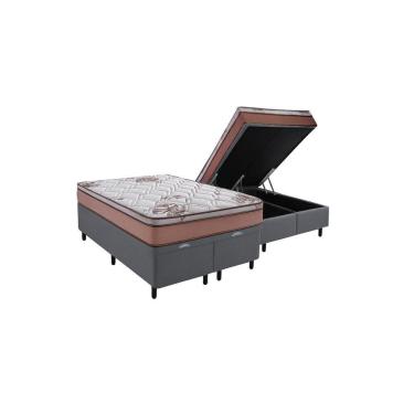 Imagem de Cama Box Baú Queen Suede + Colchão Caribe Molas Ensacadas Luckspuma 158x198x66 Cinza