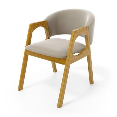 Imagem de Cadeira Agatha Madeira Maciça Estofada Para Mesa De Jantar Veludo Bege 102