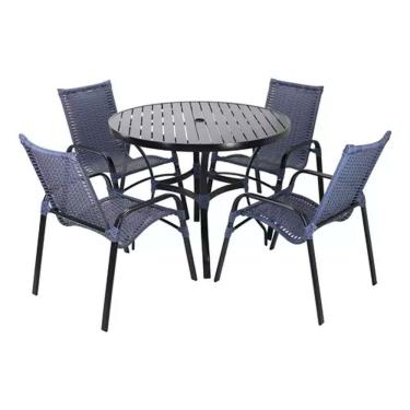 Imagem de 4 Cadeiras E Mesa Tampo Ripado Em Alumínio Trama Original Preto