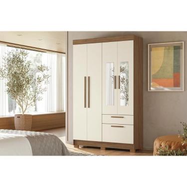 Imagem de Guarda Roupa Solteiro 4 Portas (2 C/ Espelho) E 2 Gavetas C/ Pés Londrina 4.2 Jatoba/areia - Santos Andirá