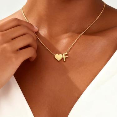 Imagem de Colar de coração banhado a ouro 18K com inicial A-Z, colares delicados de coração, pequenos colares de inicial, presentes de aniversário para mulheres, joias, F, Metal, Sem Pedra Preciosa