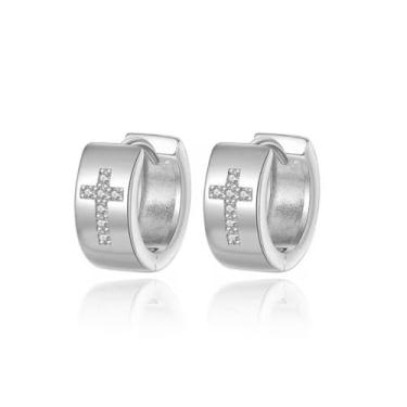 Imagem de Brincos de argola com cruz de zircônia cúbica, banhado a ouro branco 18 K, joia religiosa com dobradiças pequenas para mulheres
