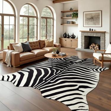 Imagem de BENRON Tapetes de zebra premium para sala de estar, quarto, tapete antiderrapante para decoração de casa, tapetes de pele animal com estampa de zebra sintética, preto e branco, marfim, 1,9 x 2,1 m