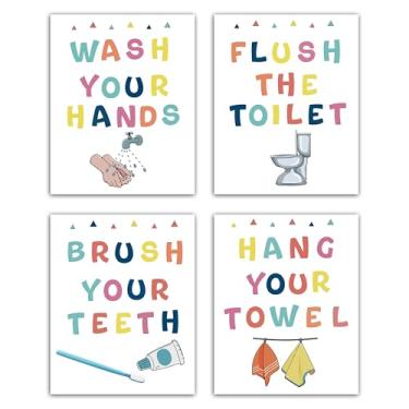 Imagem de Conjunto de 4 impressões de pôsteres de banheiro infantil, lave suas mãos, decoração de parede para banheiro, jardim de infância, berçário, pontas de vaso sanitário, decoração para parede de quarto