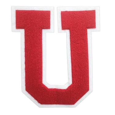 Imagem de 1 PÇ Patch de letra de chenille vermelho de 16,5 cm com borda branca – Remendos do alfabeto para roupas, jaquetas, mochilas, chapéus para decoração personalizada, nome personalizado e artesanato. (U)