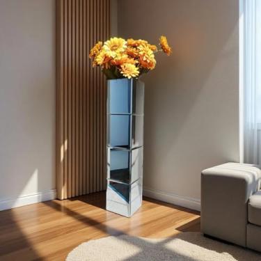 Imagem de Vaso de chão de 71 cm de altura, vasos prateados espelhados, vaso de flores grande para decoração de casa, vidro espelhado decorativo moderno para sala de estar, escritório, centro de mesa (quadrado