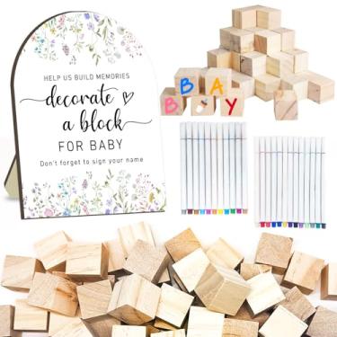 Imagem de Kit de jogos de chá de bebê Wildflowers, decoração floral de chá de bebê, jogos florais para chá de bebê com 50 blocos de madeira em branco, 24 marcadores de tinta acrílica e placa de madeira, placa