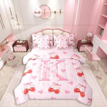 Imagem de Conjunto de cama solteiro com letra K com 7 peças, monograma com laço kawaii, estilo princesa, inclui edredom, conjunto de lençol, fronhas e fronhas, decoração de quarto de coração fofo para amantes