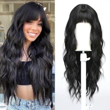 Imagem de Esmee Peruca preta ondulada longa para mulheres Cabelo sintético natural Perucas morenas resistentes ao calor com franjas