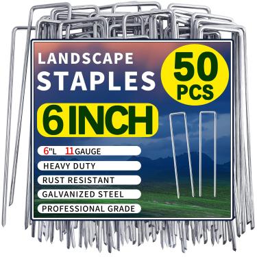 Imagem de Qucuky Pacote com 50 grampos de paisagem, estacas de jardim de 15 cm, grampos galvanizados, estacas de chão antiferrugem para barreira de ervas daninhas, tubos de irrigação, tecido de paisagismo