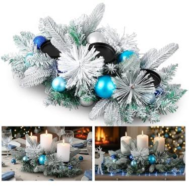 Imagem de Hotop Centros de mesa de Natal para decorações de mesa com 3 castiçais, guirlanda de mesa de Natal azul de 50 cm com enfeites de bola de prata azul pinho fosco flocado de neve para decoração de mesa