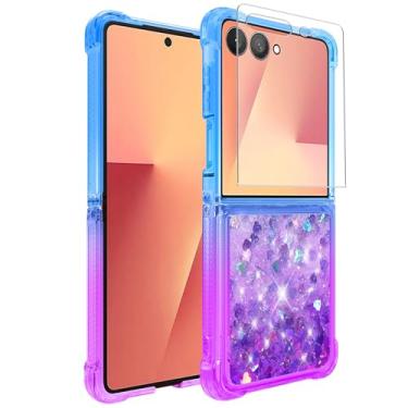 Imagem de Guzhthi Capa para Z-Flip-7: Capa de telefone de canto à prova de choque de areia movediça líquida com glitter transparente para Samsung Galaxy Z Flip 7 com protetor de tela de vidro temperado - azul