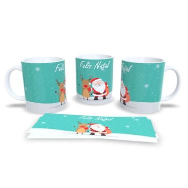 Imagem de Caneca de Natal Feliz Natal, Porcelana Branca com Design Natalino, Decoração com Papai Noel e Rena, Fundo Cinza com Flocos de Neve (7)