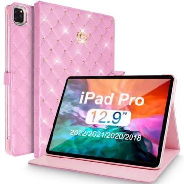 Imagem de AuroiCCY Capa para iPad Pro de 12,9 polegadas, 6ª/5ª/4ª/3ª (2022/2021/2020/2018), coroa fofa feminina, elegante, couro PU, brilhante, diamante, inteligente, despertar/hibernar, suporte flip para iPad