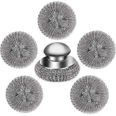 Imagem de Conjunto de 6 peças de esfregão de lã de aço com almofadas de arame de substituição, esfregão de aço inoxidável com alça para limpar bagunças teimosas de ferro fundido, panelas, churrasqueiras,
