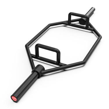Imagem de Synergee 20 kg e 25 kg Barra de armadilha hexagonal olímpica preta com alças planas ou levantadas para agachamentos, levantamento terra, boleros. Barra longa de 142 cm com manga de 25 cm