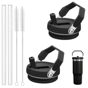 Imagem de Yutronel Pacote com 2 tampas de canudo de substituição para copo Stanley IceFlow de 590 ml apenas, tampa à prova de derramamento com 2 canudos reutilizáveis e 2 escovas de limpeza, livre de BPA, fácil