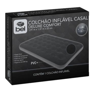 Imagem de Colchão Inflável Casal Deluxe Comfort Bel Preto 191x137x22 Resistente Portátil Casa Viagem Camping Capacidade 300kg