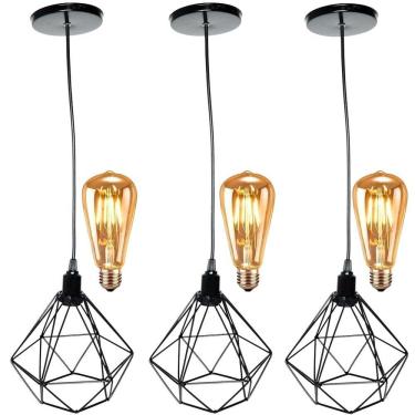Imagem de 3 Pendentes Aramado Diamante Luminária Lustre Retrô Balcão + 3 Lâmpadas Led ST64 Vintage Teto