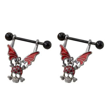 Imagem de Niaspi Anéis de mamilo de caveira de morcego para mulheres, barra de aço inoxidável com esqueleto de strass, pingente, mamilos, piercing de mamilo, bico de Halloween, joia de piercing corporal