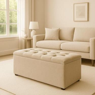 Imagem de Baú Estofado 90cm com Veludo ou Suede - Organizador Multiuso para Pé de Cama, Brinquedos e Sapatos(BEGE SUEDE)
