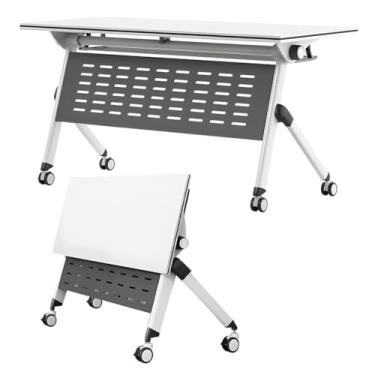 Imagem de SPXMQSS Mesa dobrável para computador, mesa de sala de conferências com rodas silenciosas, grande mesa de reuniões de madeira, flip top, mesa de treinamento móvel para escritório, sala de conferências