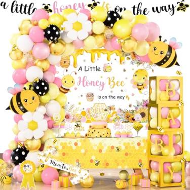 Imagem de Bee Baby Shower Decorations for Girls, Pink Bumble Bee Baby Shower Decor Kit, A Little Honey Bee is One The Way Baby Gwrwer, Bee-w Balloonw Banner Bckdrop for Baby Girl Shower Party