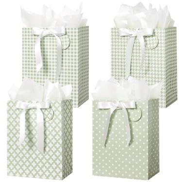 Imagem de Crisky Sacos de presente verde sálvia tamanho médio com alças, papel de seda e fita - pacote com 4 23 cm - Sacos de presente médios para mulheres, aniversário, Natal, casamento, chá de panela