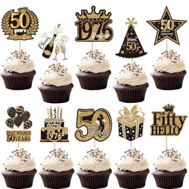 Imagem de Rsstarxi Pacote com 40 enfeites de cupcake de 50º aniversário Cheers to 50 anos Decorações de cupcake para mulheres homens Cheers to 50th Anniversary Birthday Black and Gold Party Cake Decorações