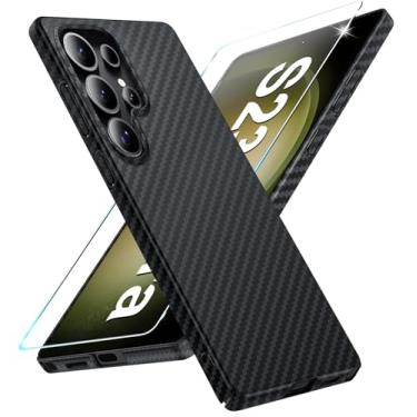 Imagem de Capa de fibra de carbono para Samsung Galaxy S23 Ultra com protetor de tela Slim Fit para Samsung S23 Ultra, capa de telefone resistente, durável, fina, híbrida, PC, capa de proteção rígida 5G (preto)