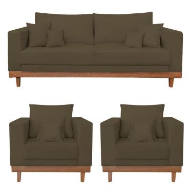 Imagem de Kit 2 Poltronas Living + Sofá 2 Lugares Base Madeira Suede Marrom