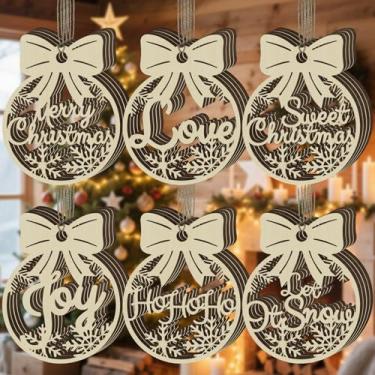 Imagem de ElasignShopo 24 peças de enfeites de madeira de Natal rústicos cortados a laser decorações de árvore de férias com palavras bolas de madeira para guirlanda de árvore de Natal, decoração de casa, Feliz