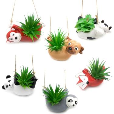 Imagem de Kit 6 Vasos Cachepô Pendente Animais - Bicho Preguiça, Raposa, Panda, Macaco, Vaca e Cachorro