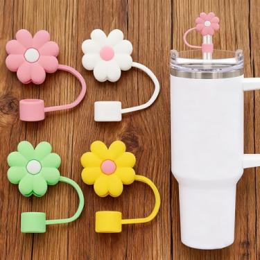 Imagem de Tampas de canudo de silicone, reutilizáveis, à prova de poeira, tampas para copos Stanley, pacote com 4, rosa, branco, verde, amarelo