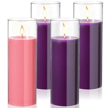 Imagem de Shihanee 8 peças de velas roxas do advento e vasos cilíndricos de vidro, suportes de cilindro altos, guirlandas de advento de tamanho grande para velas de pilar de Natal, peças centrais de casamento