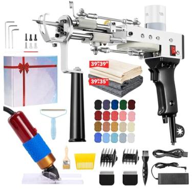 Imagem de Pistola de tufting de tapete BESGEER com kit aparador de carpete e tesouras de tufting, pistola 2 em 1 de corte e laço, máquina de fazer tapetes para iniciantes, aparador, tecido, fio (preto azeitona)