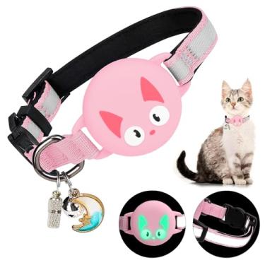 Imagem de Woyinger Coleiras reflexivas para gatos com sinos, rastreador GPS oculto para coleira de gatinho com fivela de segurança AirTag, com etiqueta de nome, à prova d'água para suporte luminoso AirTag