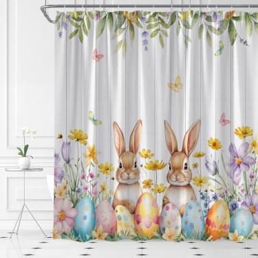Imagem de ASVEAS Cortina de chuveiro de coelhos de páscoa, casa de fazenda, folhas florais, ovos, prancha de madeira, borboleta, tecido rústico para decoração de banheiro, banheira com ganchos (177,8 cm x 180